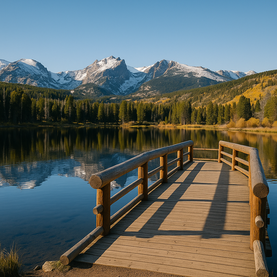 Sprague Lake boardwalk with reflections of the Rockies