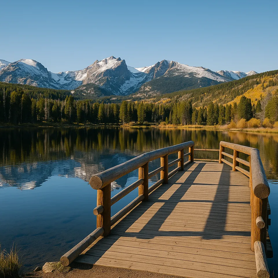 Sprague Lake boardwalk with reflections of the Rockies